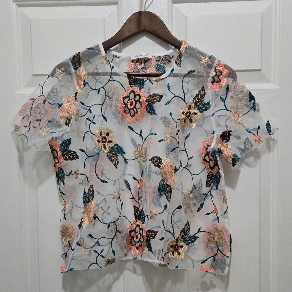 GLANCE Sheer Mesh Floral Embroider Round Neck Short Sleeve Resort Vacay Crop Top